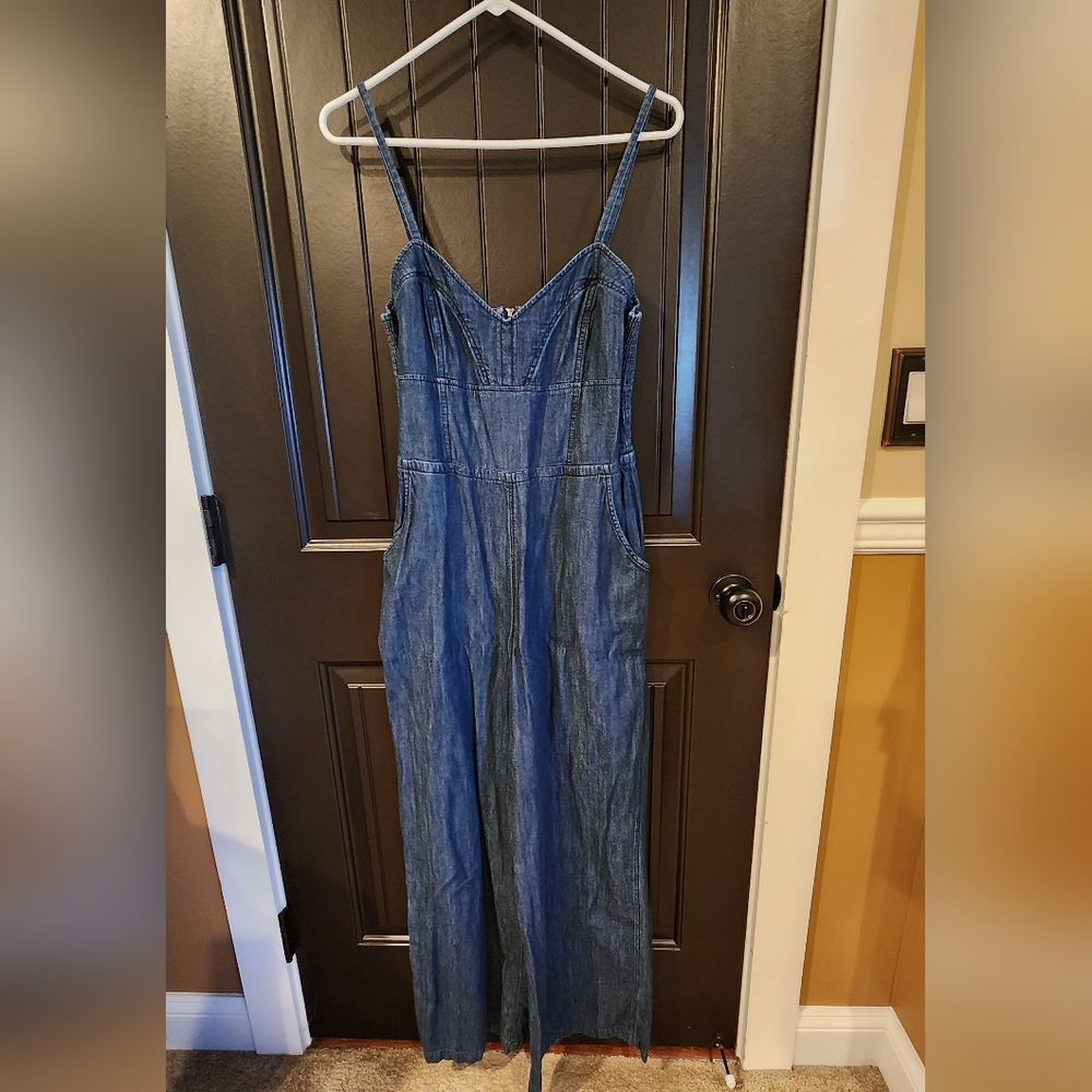 Express Blue Denim Overalls With Sweatheart Neckline, Size 12